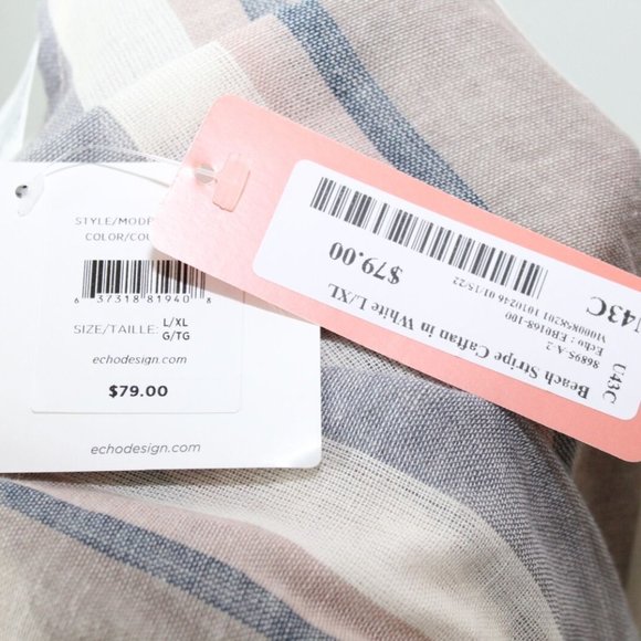 NWT ECHO Striped Beach Caftan Maxi Swim Cover White Tan Size L/XL H13276 - Picture 11 of 12